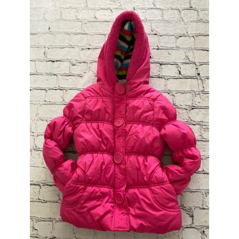 Pink Platinum Girls Size 5/6 Pink Waist Puffer Jacket Pockets Hood Zipper EUC
